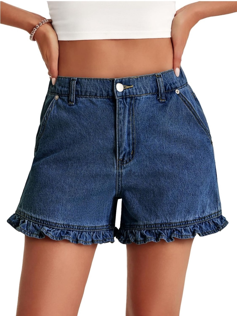 Ruffled Hem High-Waist Denim Shorts - Blue. Size 8. NWT